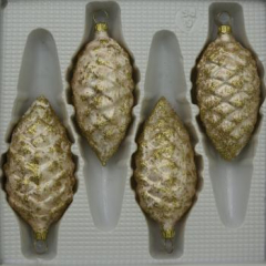 Tannenzapfen Eislack champagner mit Dekor, 4 Stück, L 9cm